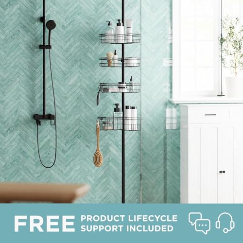 Zenna Home Tension Pole Shower Caddy Corner Organizer, Adjustable Standing Shower Caddy with 4 L-shaped Baskets and Hooks, Rust Resistant Bathroom Tension Rod Organizer, 60 to 97 Inch, Bronze - color: Bronze