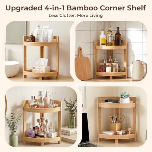 2026 New Bamboo Standing Shelf, 2 Tier Corner Shelf Stand, bathroom counter/sink organizer, Triangular Curved Corner Shelf Stand for Space-Saaving Display Ideal for Bathroom/Kitchen/Living Room - size: 2-Tier