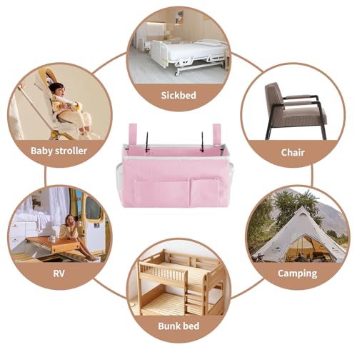 YOUDENOVA Bedside Caddy with 5 Pocket, Bedside Storage Organizer for College, Dorm Bed, Bunk Bed, Pink