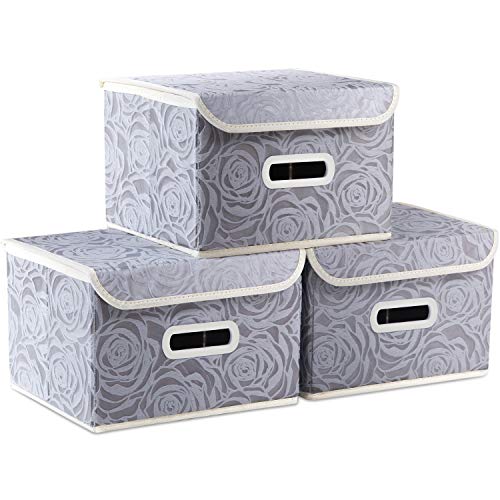 PRANDOM Collapsible Storage Boxes with Lids Fabric Decorative Storage Bins Cubes Organizer Containers Baskets with Cover Handles Divider for Bedroom Closet Living Room 9.8x7.9x6.7 Inch 3 Pack - color: Gray, size: Small(3-Pack)
