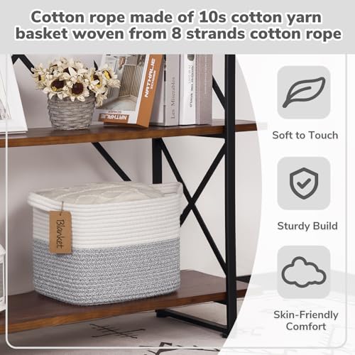 Goodpick Woven Storage Basket, Small Laundry Basket for Clothes, Towels and Shoes, Rope Square Gift Organizer with Handles, Gray and White, 13 x 10 x 9 Inches - color: Light Grey, size: 13"L x 10"W x 9"H