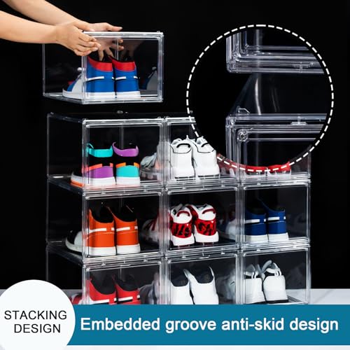 12 Pack Shoe Boxes, Clear Acrylic Stackable Plastic Sneaker Box Container, Magnetic Drop & Side Open Shoe Organizer Case Container With Lids Fits Up to Size 14 (Clear) - color: Clear