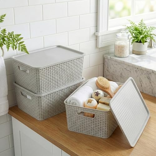 BINO | Plastic Storage Baskets with Lids, 15.5 Liter - 3 Pack, Natural Grey | THE WOVEN COLLECTION | Storage Basket for Shelves | Woven Storage Baskets for Organizing Bins | Pantry Shelf Organizer Bin - color: Natural Grey, size: 13.5L | 3-Pack