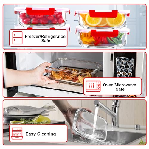 VERONES 5 Pack 36 OZ Glass Meal Prep Containers, Airtight Glass Lunch Containers Set, Glass Food Storage Containers with Lids,Exclusive of BPA, for Microwave, Oven, Freezer & Dishwasher Friendly,Red - color: Red