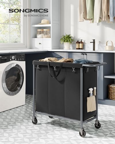 SONGMICS Laundry Basket with Wheels, 3-Section Rolling Laundry Hamper, 52.8 Gallons (200 L), Removable Liner, Steel Frame with Handle, 35.8 x 15.4 x 31.9 Inches, Ink Black URLS005B01 - color: Ink Black, size: 200 L (3-Section), style: Rectangular with han