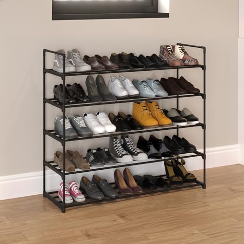 Home-Complete Shoe Rack - 5-Tier Shoe Organizer for Closet, Bathroom, Entryway - Shelf Holds 25 Pairs Sneakers, Heels, Boots (Black) - color: Black, size: 5-Tier