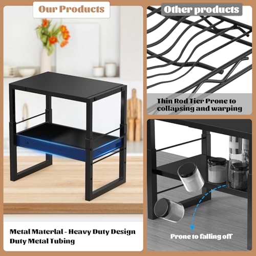 Adjustable Kitchen Countertop Organizer, 2-Tier Expandable Cabinet Counter Shelves, Heavy Duty Steel Pantry Organizers and Storage Shelf Rack Stand Riser, Adjustable Length & Height, Black