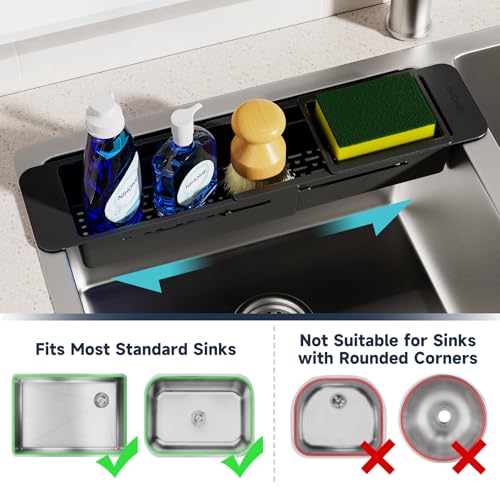 NiHome Extendable Over Sink Kitchen Organizer, Small Telescopic Brush Storage Rack for Sponge, Non-Slip Pads Expandable Sink Caddy, Adjustable Sponge/Brush Rack with Drainage Durable ABS (Black) - color: Black 1, size: Standard