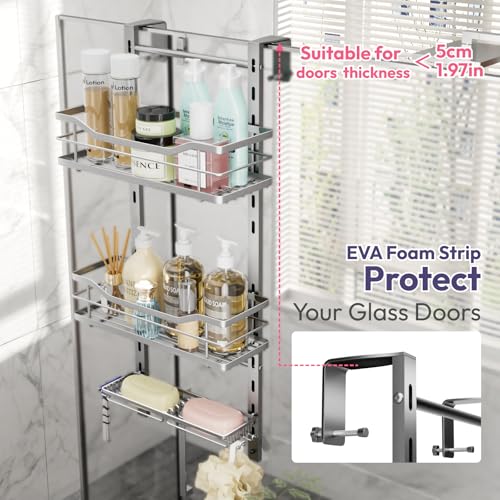 SWTYMIKI Over the Door Shower Caddy - 3 Tier Adjustable Shower Organizer Hanging with Soap Holder, No Drilling Stainless Steel Bathroom Rack Hanging for Body Wash, Shampoo, Soap, Razor, Silver - color: Silver-3 Tier