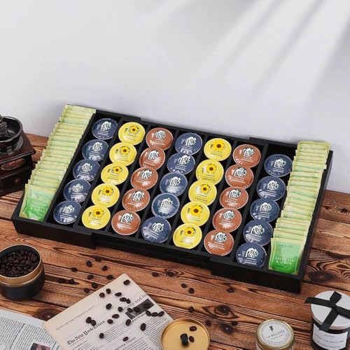 K Cup Holder Bamboo Coffee Pod Holder Drawer Organizer, Expandable K Cup Pod Storage Tea Bag Storage for Coffee Station Home Office and Kitchen （Black) - color: Black
