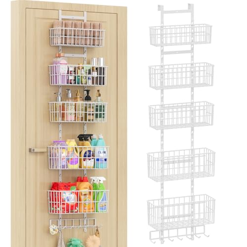 Hongtamoya Over The Door Organizer, Hanging Door Organizer with 5 Metal Baskets, Behind The Door Storage for Pantry Closet Bedroom Bathroom Cabinet Kitchen, White - color: White(new Version)