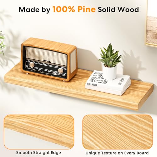 Floating Shelves for Wall Rustic Farmhouse 24 Inch Floating Shelf Wooden Shelves for Wall Pine Wood Shelf with Unique Natural Grain for Living Room Bedroom Kitchen (Raw Wood) - color: Raw Wood - Flat Edge, size: 24 inch - 2pcs