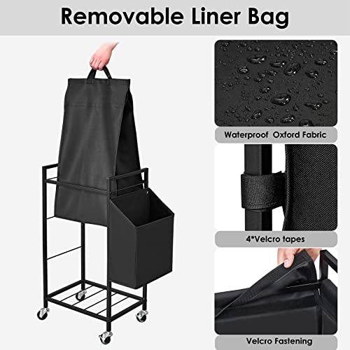 Laundry Hamper with Rustic Brown Lid & Wheels; 96L Large Rolling Laundry Basket with Removable Oxford Liner Bag; Tall Freestanding Dirty Clothes Hamper with Side Pocket; Metal Frame Laundry Cart - color: Black