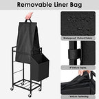 Laundry Hamper with Rustic Brown Lid & Wheels; 96L Large Rolling Laundry Basket with Removable Oxford Liner Bag; Tall Freestanding Dirty Clothes Hamper with Side Pocket; Metal Frame Laundry Cart - color: Black