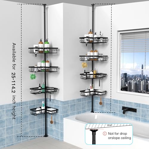 KEGII Corner Shower Caddy Tension Pole - Shower Tension Rod Organizer, Floor to Ceiling Shower Caddy 25-114.2 inch, Towel Rack Corner Waterproof, Black - style: Tension Caddy - Black