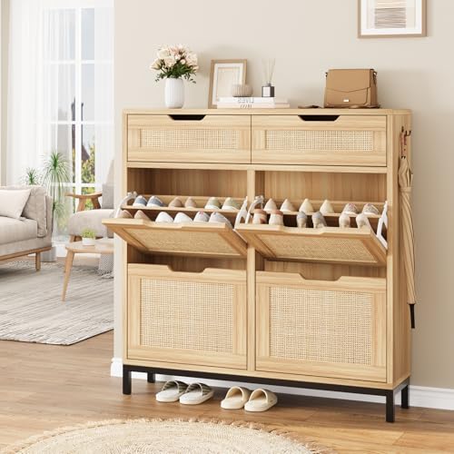 Jocoevol Rattan Shoe Cabinet for Entryway with 4 Flip Drawers and 2 Drawers, Narrow Freestanding Shoe Storage Cabinet with Metal Legs for Entryway/Hallway/Foyer (Natural) - color: Natural