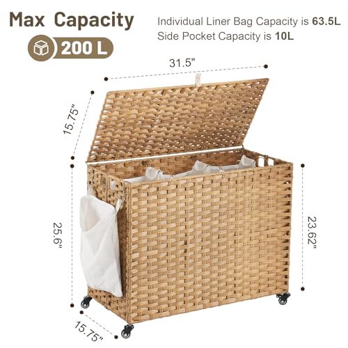 Laundry Hamper with Wheels, 52.8 Gallon(200L) Rolling Laundry Basket with Lid, 3-Section Rattan Clothes Hamper with 3 Removable Liner & 3 Mesh Bags, Laundry Sorter with Side Pocket, Natural - color: Natural, size: 200L（31.5 x 15.75 x 25.6 Inches）