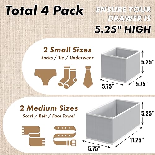 Simple Houseware Underwear Drawer Organizer for Sock/Bra/Undergarment/Panty/Onesie, Collapsible, Set of 4, Gray - color: Gray, size: Set of 4 - 2M / 2S