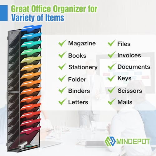 MINDEPOT 15 Tier Wall File Holder Hanging Wall File Organizer for Papers Mails Folders Document Magazine Organization, for Office School Home, Black - size: 15Tier