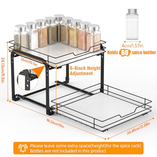 Spice Rack Organizer for Cabinet, 2 Tier Vertical Pull Out Spice Rack – Heavy Duty Metal Spice Organization for Cabinet, 60-Jar Capacity, Height Adjustable Cabinet Organizer, 13.58''Wx10.5''Dx9.5''H - size: 13.58"W X 10.5"D X 9.5"H - 2 Tier