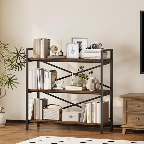 3 Tier Bookshelf 31.49" Width, Wood and Metal Etagere Bookcase, Vintage Farmhouse Modern Wooden Big Book Shelf for Home Living Room Bedroom Office Storage(Rustic Brown) - color: Rustic, size: 3 Tier - 31.5" W