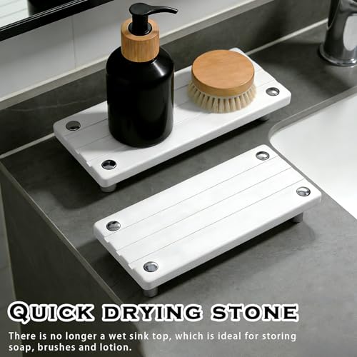 2PCS Instant Dry Sink Caddy for Bathroom Counter, Durable Kitchen Sink Organizer, Diatomite Stone Drying Tray, Upgrade Water Absorbing Stone Tray for Sink, Anti-Slip Stone Soap Tray -White - color: 2pcs White Metal Foot 3stripes