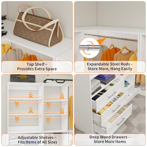Closet System with 4 Sets, 8.5FT-21.5FT Corner Closet Organizer System with 9 Drawers & 12 Shelves & 8 Hanging Rods, L-Shaped Modular Closet System adjustable for Freestanding or Walk-in Closet, White