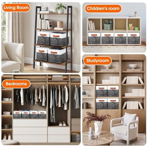 Fab totes Collapsible Storage Baskets for Shelves,14"x10", 4 Pack Foldable Fabric Storage Bins with Double Leather Handles, Large Baskets for Organizing Books, Clothes, White & Black - color: Black, size: 4pack