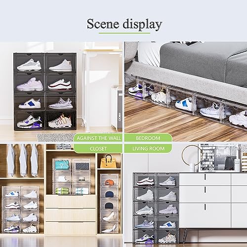 8 Pack XL Shoe Storage Box Organizer,Drop Side Large Shoe Boxes Clear Plastic Stackable Container,Magnetic Sneaker Display Case, Fit up to US 13（13.4”x 10.6”x 8.3”(8 Pack Black) - color: XL 8 Pack Black