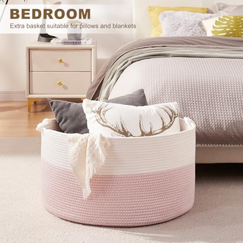 OIASKET Large Blanket Storage Basket for Living Room, 22.8" x 22.8" x 13" Woven Cotton Rope Basket with Handles, Baby Toy Storage, Laundry Hamper for Clothes, Pillows, Towels-Pink and White - color: Pink & White, size: 90L