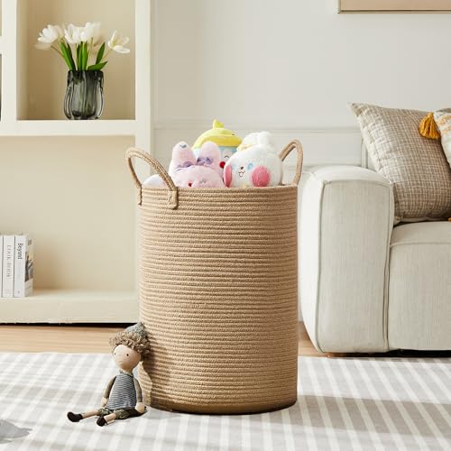 80L Extra Large Jute Laundry Hamper Tall Woven Laudnry Basket Wicker Rope Clothes Hamper Boho Blanket Basket in Living Room Bedroom 16"D x 22"H - color: Jute, size: Extra Large (80L)