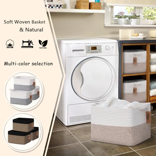 COMFY-HOMI Cotton Rope Woven Basket with Handles for Shelves,Toys,Book, Cloth Storage Baskets for Organizing-13.5" x 11" x 9.5" Toy Decorative Organizer for Living Room, Bathroom （White/Brown） - color: White/Brown, size: 13.5"X11"X9.5"