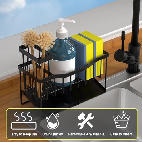 Fssvcd Maifan Sink Caddy Sponge Holder for Kitchen with Brush Holder and Stainless Steel Self Drain Tray, Rustproof Kitchen Sink Organizer for Sponge, Soap Dispenser Storage Accessories - color: Black