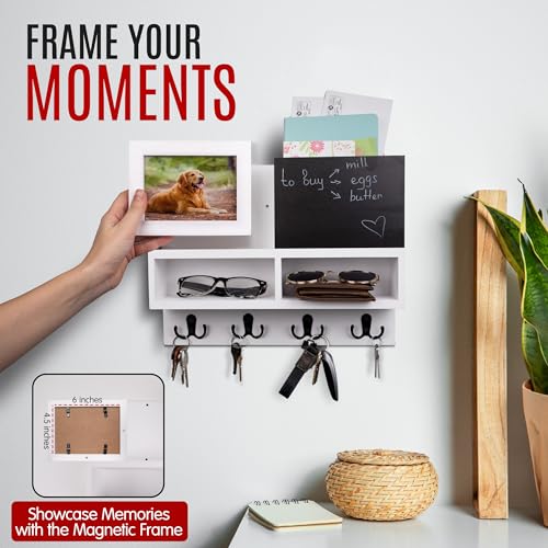 Spacelog Key and Mail Holder for Wall with Chalkboard – Magnetic Picture Frame Key Holder Wall Mount, White, Dual Storage & Cupboards - color: White