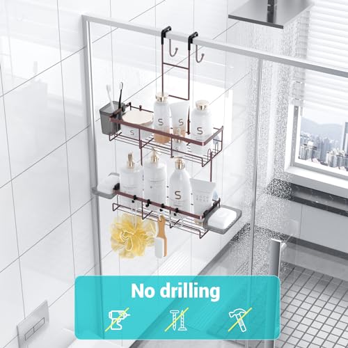 Aitatty Over the Door Hanging Shower Caddy: Rustproof Hanging Organizer over the Door - No Drilling Bathroom Rack for Inside Shower Bronze - color: Bronze