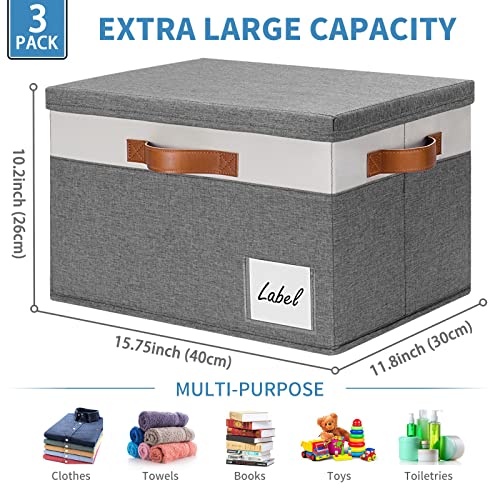 GhvyenntteS Extra Large Storage Bins with Lids, Foldable Fabric Storage Boxes with Lids and Handles, Storage Baskets with Lid and Label for Home Office (3 Pack, Grey, 15.75" x 11.8" x 10.2") - color: Grey with White, size: Extra Large-3 Pack