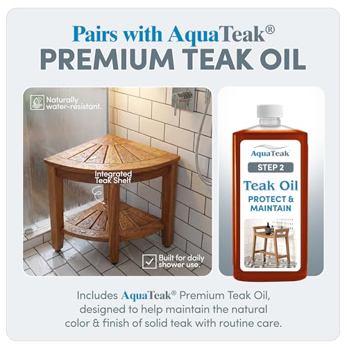 AquaTeak The Original 15.5" Kai Corner Teak Shower Bench - Shower Stool with Storage Shelf & Premium Teak Oil - Durable Water Resistant Shower Chair - Shaving Foot Rest - Indoor & Outdoor Use - size: Original - Teak Oil, style: Corner Stool With Shelf