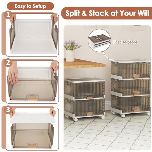 Giantex 3 Tier Stackable Storage Bins with Lids, 13.5 Gal Foldable Shoe Storage Box with Detachable Wheels & Flip-Up Doors, Collapsible Closet Organizers and Storage Bins - size: 13.5Gal-3Pack