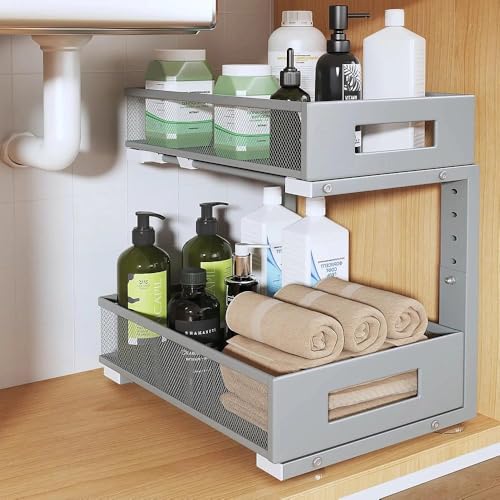 Under Sink Organizer, 2-Tier Dual Pull Out Cabinet Organizer Drawers With Smooth Circular Rail,Large Capacity Metal Mesh Sliding Shelves For Bathroom& Kitchen Storage,Height Adjustable–Gun Gray,1 Pack - color: Gun Gray, size: 1 Pack-15.9"Dx11.6"-16.7" H