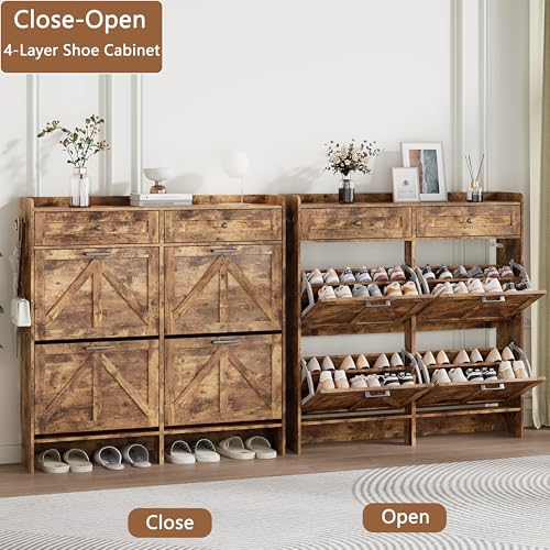 Shoe Cabinet with 4 Flip Drawers & 2 Top Drawers, 43" Tall Freestanding Narrow Wooden Shoe Storage Organizer for Entryway, Hidden Slim Shoe Rack for Front Door Entrance, Hallway, Living Room, Brown - color: Brown, size: 4 Flip Drawers