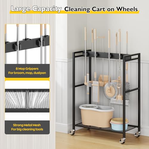 BORISI Broom And Mop Holder, Movable Broom Closet Storage Cabinet, Cleaning Cart with Mop Hanger Gripper Rack, Janitorial Cart, Utility Carts, Laundry Room Organization Home Essentials - size: Medium