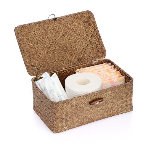 Sumnacon Small Wicker Basket with Lid Rectangle Woven Baskets for Toiletries Tampon Storage,Wicker Storage Basket with Lid,Decorative Seagrass Storage Baskets for Shelf Bathroom Toilet Table,Coffee - color: Coffee, size: Small