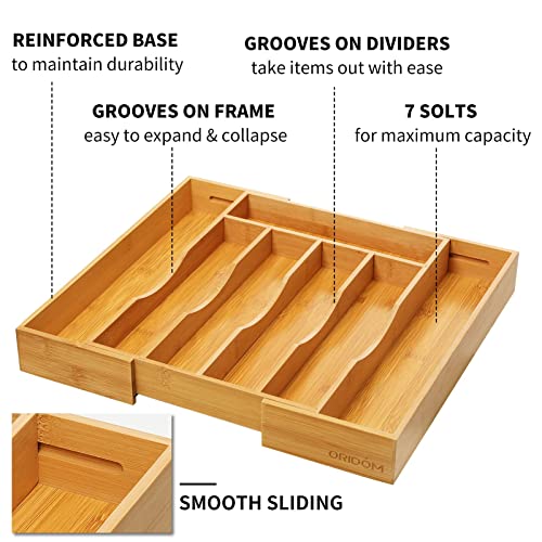 Expandable Bamboo Kitchen Drawer Organizer for Cutlery and Utensils, Adjustable Bamboo Wood Cutlery Tray in Drawer for Flatware and Silverware in Kitchen, (Natural) - color: Natural, size: 7 Slots Expandable