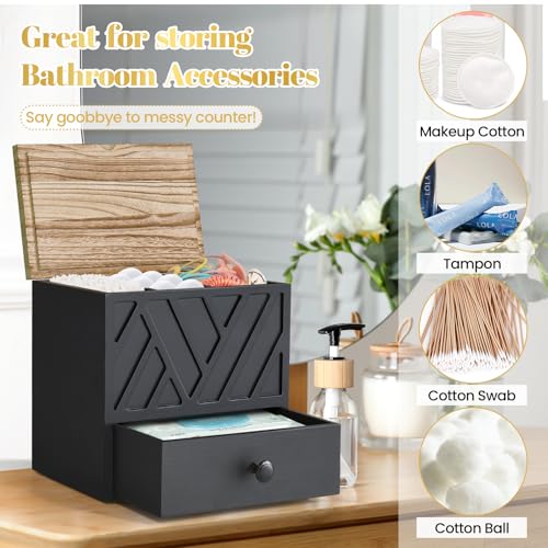 Tampon Holder for Bathroom Decor, Feminine Product Organizer with Lid and Drawer, Shark Week Tampon Storage, Wood Pad and Tampons Organizer for Toilet Storage, Bathroom Accessories Box for Girl Stuff - color: Black