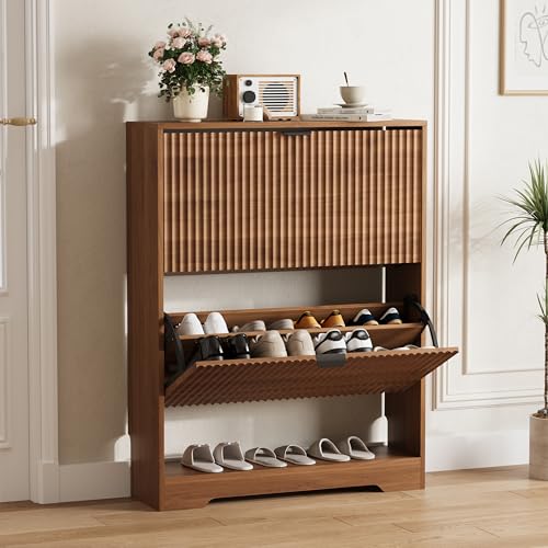 HUANLEGO Shoe Cabinet Storage for Entryway with 2 Flip Drawers, Walnut Fluted Shoe Cabinet with Open Storage, Wooden Hidden Shoe Rack Freestanding Narrow Slim Shoes Organizer for Hallway, Entrance - color: Walnut, size: 2 Drawer