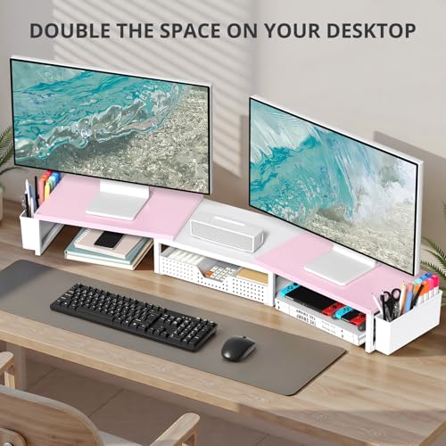 OPNICE Desk Organizers and Accessories, Dual Monitor Stand Riser with Drawer and 2 Pen Holders, Desk Shelf Wood Computer Racks for Office Workspace Organizers, Desktop Organization (Pink-White Wood) - color: Pink-White Wood, size: With drawer and pen hold