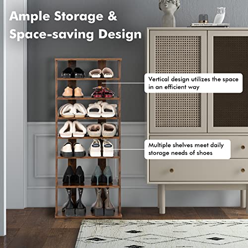 COSTWAY 7 Tiers Shoe Rack, Double Rows Vertical Tall Narrow Patented Shoe Organizer, Free Standing Shoe Rack for Small Space, Entryway, Closet, Living Room, Bedroom (Rustic Brown) - color: Rustic Brown