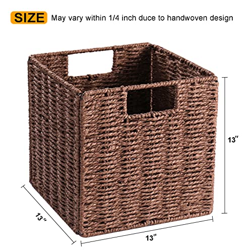 Vagusicc Wicker Storage Basket, Set of 2 Hand-Woven Storage Baskets for Shelves with Handles, Foldable Cube Storage Baskets Bins Organizer, 13 inch Large Wicker Baskets for Pantry Bedroom Decor, Brown - color: Brown, size: 13'' x 13'' x 13''
