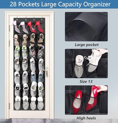 MISSLO 28 Large Pockets Hanging Shoe Organizer Over The Door Shoe Rack for Closet Door Storage Mesh Shoe Holder Hanger for Men, Black - color: Black, size: 22.6x65