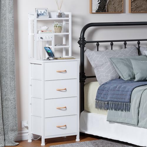 Furnulem Tall Night Stand, 52.1 Inch LED Nightstand with Charging Station and USB Ports, 4 PVC Fabric Drawers and 4 Tier Storage Shelf, Bedside Table for Bedroom, Dorm, Office (White) - color: White, size: 4 Drawer